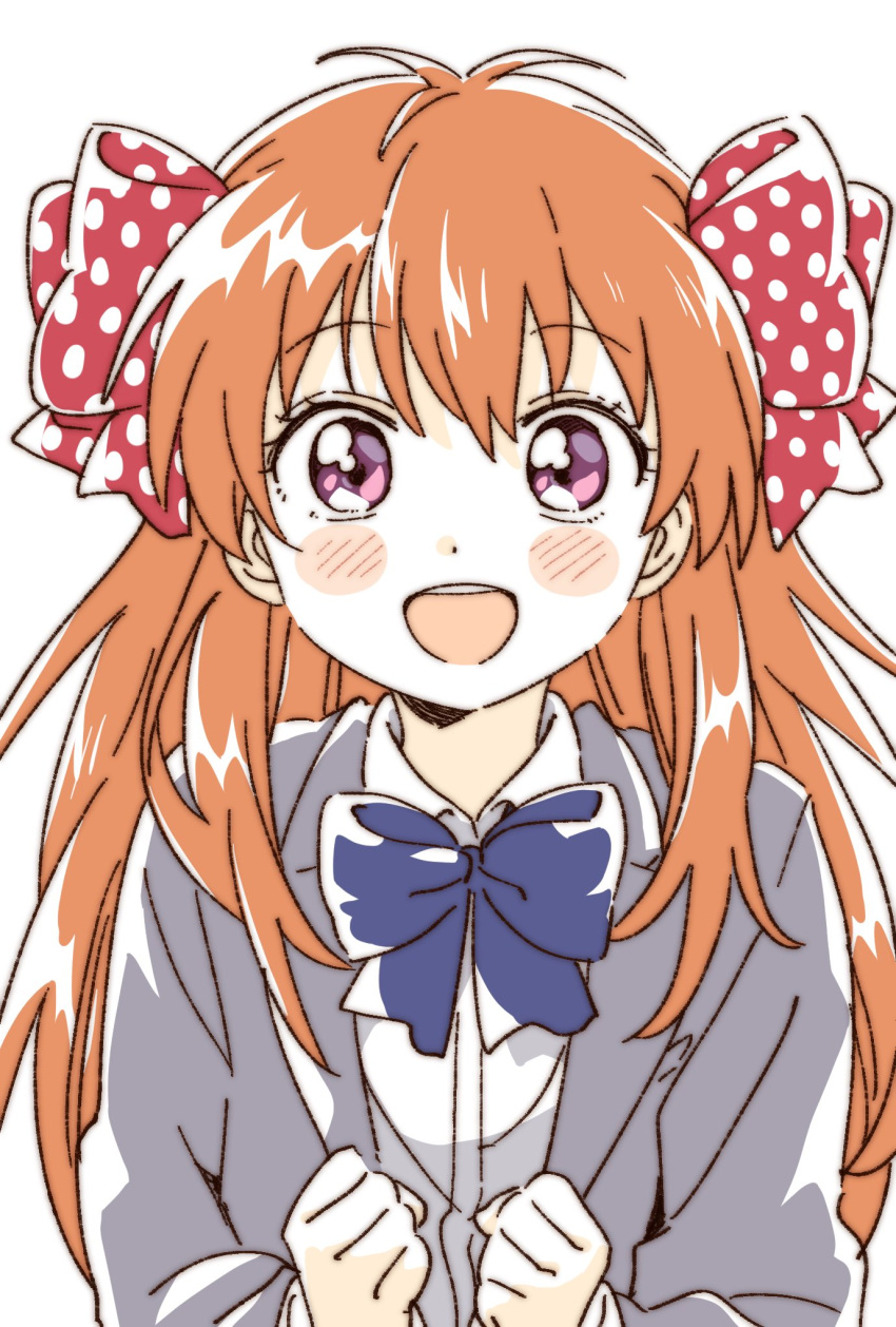 1girl :d bangs blazer blue_bow blush_stickers bow bowtie clenched_hands collared_shirt commentary disconnected_mouth eyebrows_visible_through_hair gekkan_shoujo_nozaki-kun grey_jacket hair_bow happy highres jacket long_hair long_sleeves looking_at_viewer namori open_clothes open_jacket open_mouth orange_hair polka_dot polka_dot_bow purple_eyes red_bow rouman_academy_uniform sakura_chiyo school_uniform shirt simple_background smile solo symbol_commentary upper_body upper_teeth white_background white_shirt