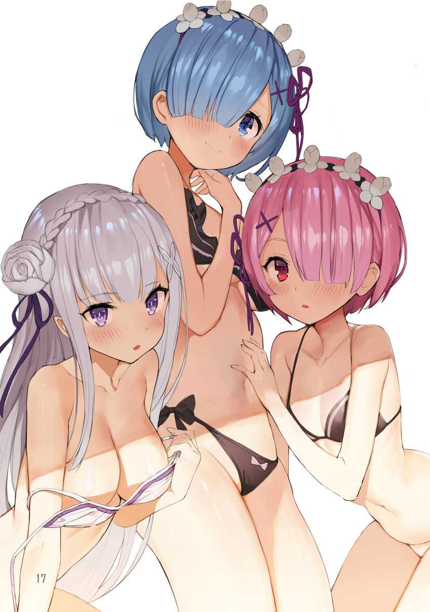 bikini breast_hold cleavage emilia_(re_zero) gaou_(matsulatte) pointy_ears ram_(re_zero) re_zero_kara_hajimeru_isekai_seikatsu rem_(re_zero) swimsuits underboob undressing