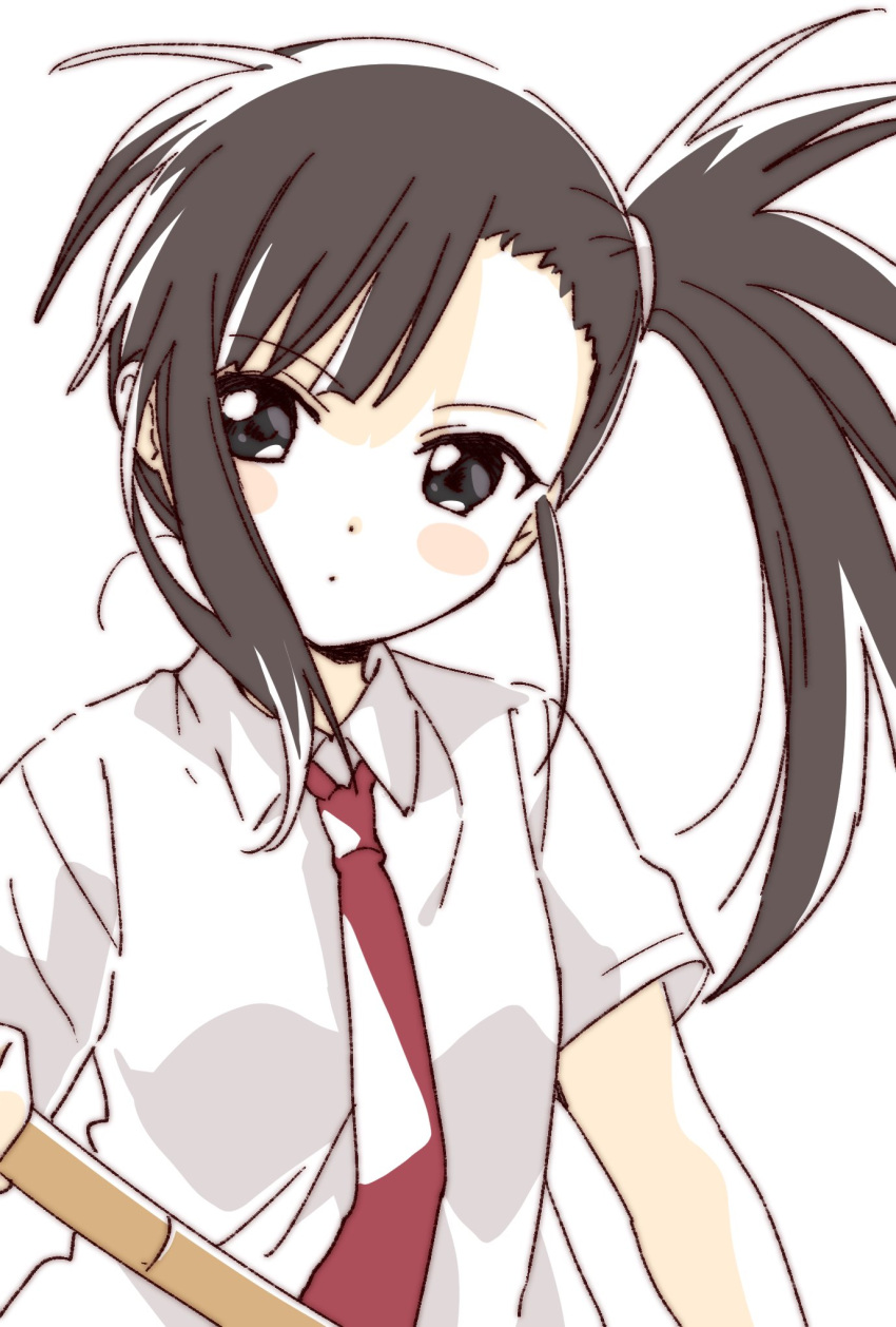 1girl asymmetrical_bangs bangs black_eyes black_hair collared_shirt commentary_request expressionless eyebrows_visible_through_hair highres holding holding_weapon looking_at_viewer mahora_academy_middle_school_uniform mahou_sensei_negima! namori necktie red_neckwear sakurazaki_setsuna school_uniform shirt short_sleeves side_ponytail simple_background solo upper_body weapon white_background white_shirt