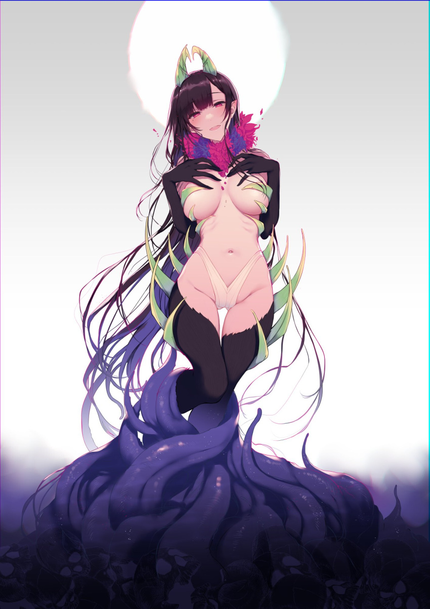 1girl ane_naru_mono bangs bare_shoulders black_gloves black_hair blunt_bangs breasts chiyo_(ane_naru_mono) elbow_gloves fur_collar gloves hands_on_own_chest highres horizontal_pupils horns large_breasts long_hair mole mole_under_eye navel pochi_(pochi-goya) pointy_ears red_eyes smile solo stomach very_long_hair