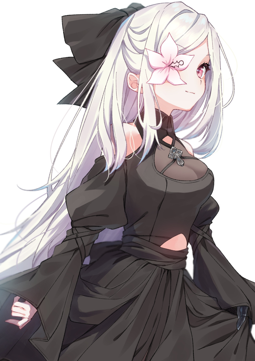 1girl absurdres alternate_costume arm_at_side bare_shoulders black_bow black_dress blur bow breasts closed_mouth cross drag-on_dragoon drag-on_dragoon_3 dress eyebrows_visible_through_hair eyelashes flower_over_eye from_side hair_bow highres hinakano_h jewelry light_smile long_hair long_sleeves looking_at_viewer lunar_tear mechanical_arms necklace off-shoulder_dress off_shoulder red_eyes ribbon-trimmed_sleeves ribbon_trim simple_background single_mechanical_arm skirt_hold sleeves_past_wrists smile solo thick_eyebrows white_background zero_(drag-on_dragoon)