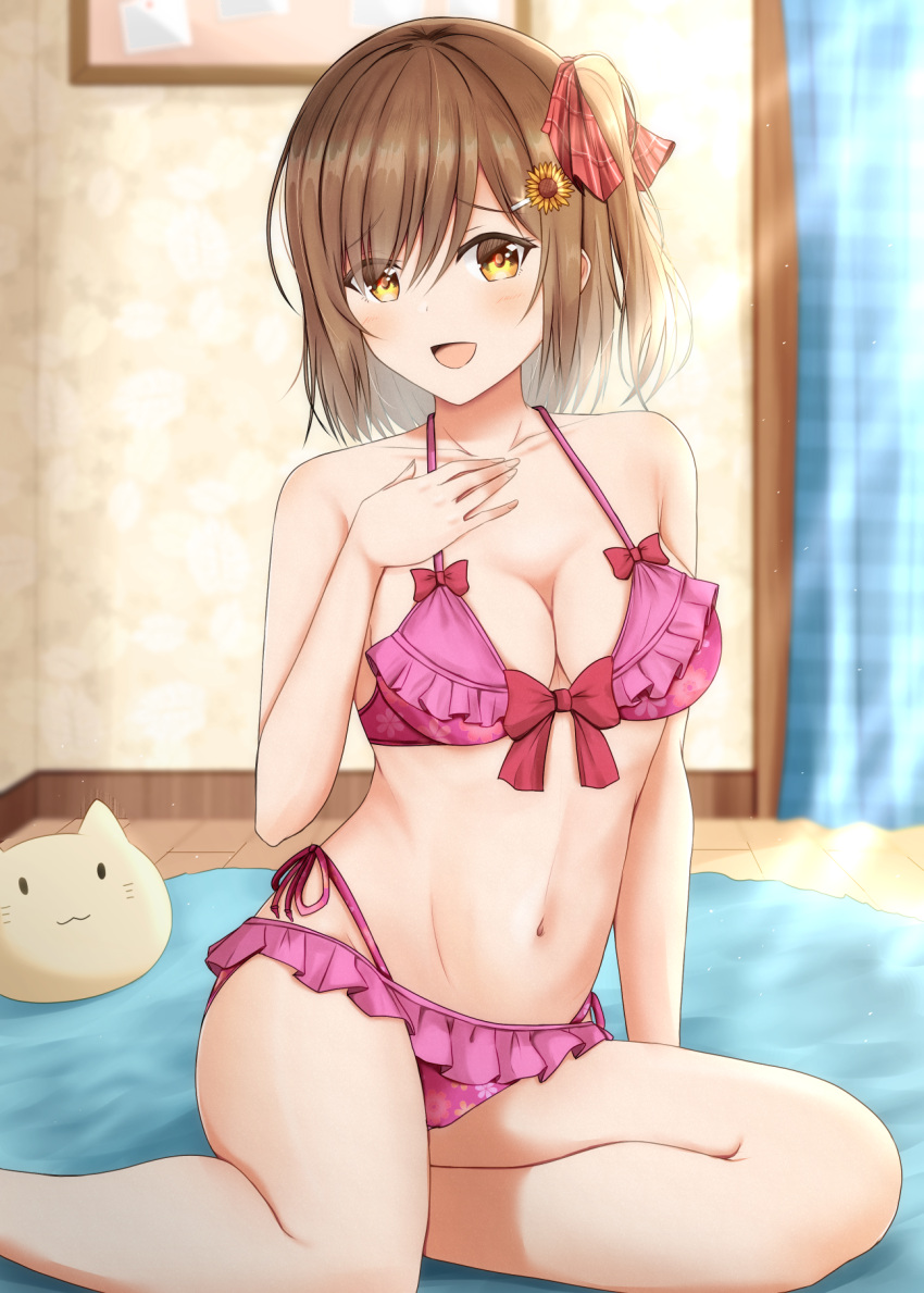1girl :d arm_support bangs bare_arms bare_shoulders bikini blush bow bow_bikini breasts brown_hair bulletin_board checkered cleavage collarbone curtains eyebrows_visible_through_hair floral_print frilled_bikini frilled_swimsuit frills hair_between_eyes hair_ornament hair_ribbon hairclip halterneck hand_on_own_chest highres indoors kamesys looking_at_viewer medium_breasts medium_hair navel open_mouth original pink_bikini pink_bow red_ribbon ribbon rug side-tie_bikini side_ponytail sitting smile solo stuffed_animal stuffed_toy sunlight swimsuit wooden_floor yellow_eyes yokozuwari
