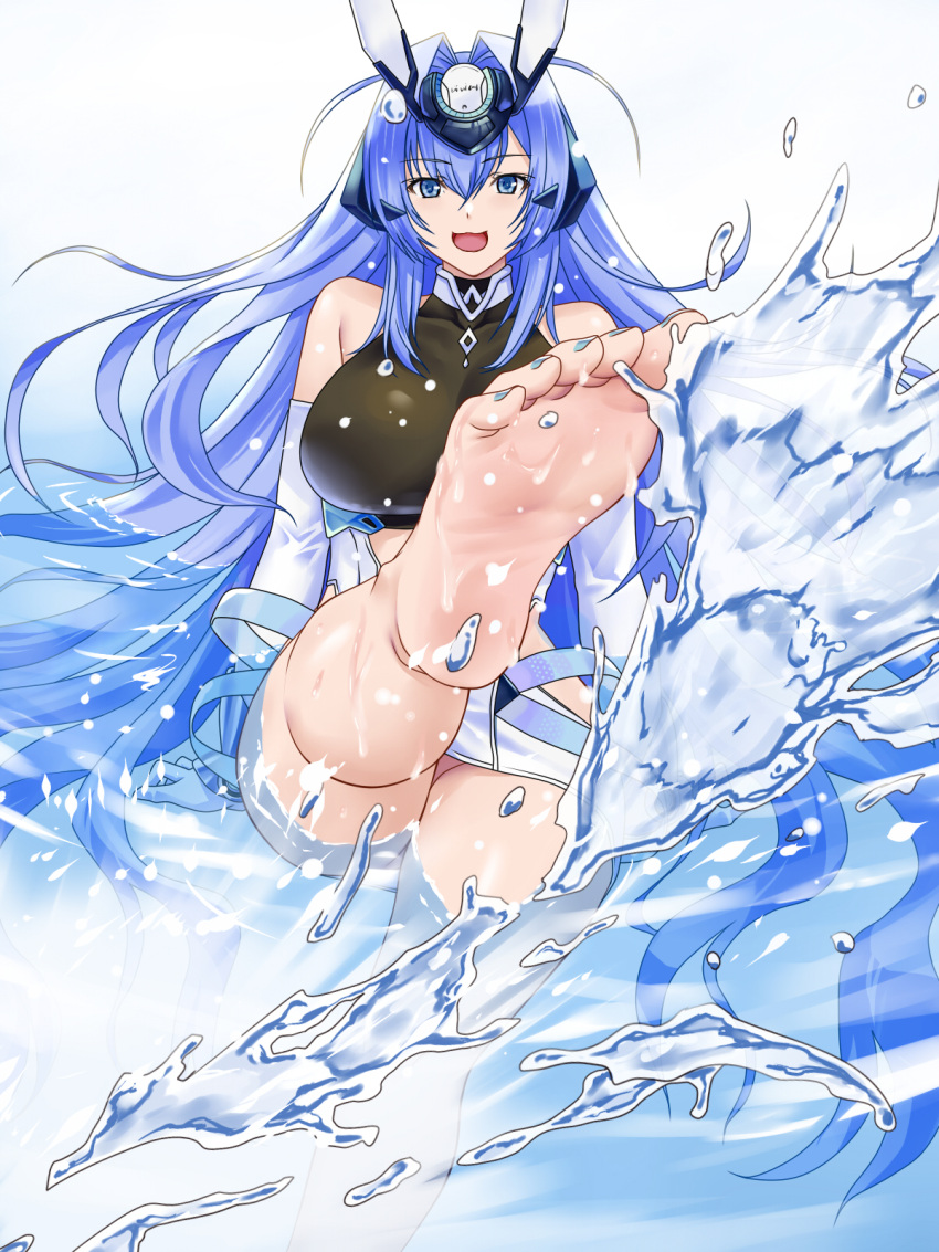 1girl :d azur_lane bangs bare_shoulders barefoot blue_eyes blue_hair blue_nails breasts elbow_gloves eyebrows_visible_through_hair feet gloves headgear highres large_breasts long_hair looking_at_viewer new_jersey_(azur_lane) open_mouth smile solo suuitchi very_long_hair water white_gloves