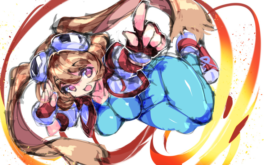 1girl :d animal_ears blue_bodysuit bodysuit breasts brown_hair bunny_ears cropped_jacket fingerless_gloves fujishima-sei_ichi-gou full_body gloves goggles goggles_on_head highres impossible_bodysuit impossible_clothes large_breasts looking_at_viewer makihara_arina open_mouth pointing pointing_at_viewer purple_eyes red_footwear red_gloves shoes short_hair skin_tight smile sneakers solo thighs waku_waku_7