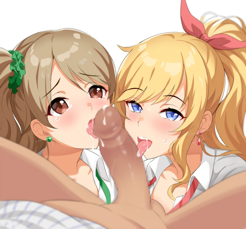 1boy 2girls bangs blonde_hair blue_eyes blush brown_eyes brown_hair censored collared_shirt commentary_request cum earrings eyebrows_visible_through_hair facial fellatio genmon green_scrunchie hair_ornament hair_ribbon hair_scrunchie hetero idolmaster idolmaster_cinderella_girls jewelry long_hair looking_at_viewer morikubo_nono mosaic_censoring multiple_fellatio multiple_girls ohtsuki_yui one_side_up open_mouth oral penis ponytail red_ribbon ribbon scrunchie shiny shiny_hair shirt smile swept_bangs teamwork testicles white_shirt