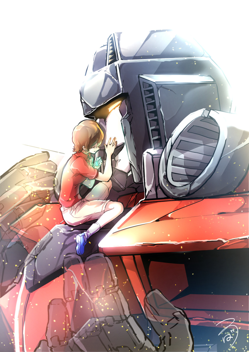 1boy 1girl alexa_(transformers) brown_hair crying death decepticon fading glowing glowing_eyes hair_behind_ear hand_on_another's_face highres hug mecha open_hands open_mouth orange_eyes science_fiction shoulder_cannon sitting sizuku_73 spoilers starscream transformers transformers_armada upper_body white_background