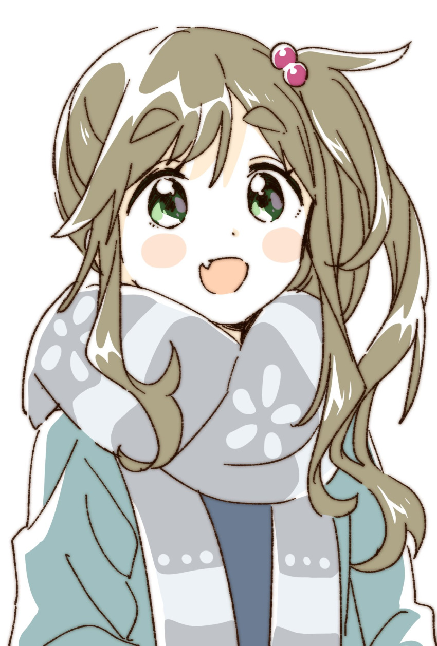 1girl bangs blush fang green_hair grey_scarf hair_bobbles hair_ornament highres inuyama_aoi long_hair long_sleeves namori open_mouth scarf side_ponytail sketch skin_fang smile solo swept_bangs thick_eyebrows upper_body yurucamp