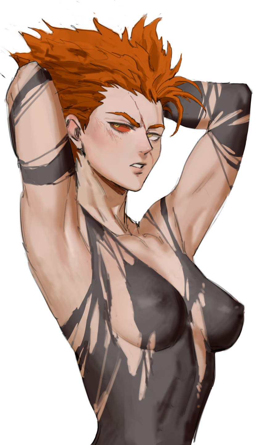 1girl absurdres armpits arms_behind_head arms_up black_bodysuit blush bodysuit breasts breasts_apart clenched_teeth colored_sclera covered_nipples dudlesnoodles eyebrows eyelashes garou_(one-punch_man) genderswap genderswap_(mtf) highres looking_at_viewer medium_breasts one-punch_man orange_hair orange_sclera pointy_hair scar scar_on_face simple_background solo teeth torn_clothes upper_body white_background yellow_eyes