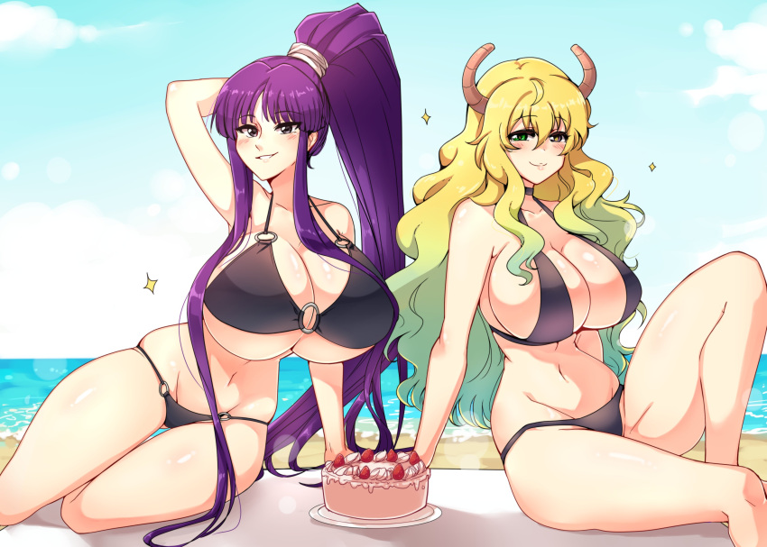 2girls absurdres ayanobro bikini birthday_cake blonde_hair blush breasts cake eiken food highres horns huge_breasts kobayashi-san_chi_no_maidragon long_hair misono_kirika multicolored_hair multiple_girls ponytail pose purple_hair quetzalcoatl_(maidragon) strawberry_cake swimsuit thighs