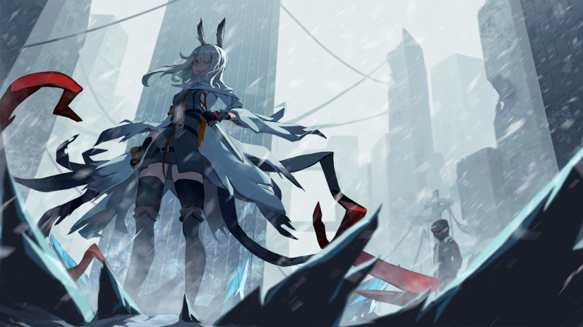 1girl 1other animal_ears arknights belt black_belt black_coat black_footwear black_gloves black_legwear black_skirt boots breasts building bunny_ears capelet city closed_mouth coat dagger doctor_(arknights) frostnova_(arknights) gloves grey_shirt hair_ornament hairclip highres holding holding_dagger holding_weapon jiu_sheng knife looking_at_viewer medium_hair miniskirt open_clothes open_coat outdoors red_ribbon ribbon ruins scar scar_on_face shirt silver_eyes silver_hair skirt small_breasts smile snowing solo_focus thigh_boots thighhighs thighhighs_under_boots thighs visor weapon white_capelet white_coat zettai_ryouiki
