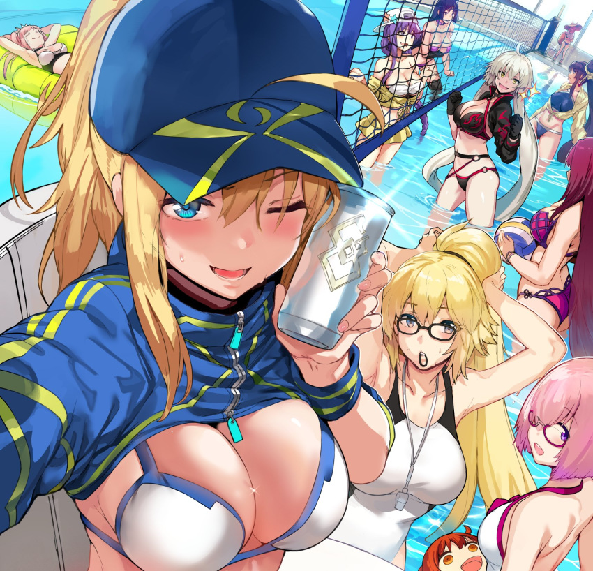 ahoge animal_ears artoria_pendragon_(all) ball bangs bb_(fate)_(all) bb_(swimsuit_mooncancer)_(fate) bikini black_eyes black_gloves black_hair blonde_hair blue_eyes breasts can closed_eyes collarbone crossed_legs fate/grand_order fate_(series) fox_ears fox_girl fox_tail fujimaru_ritsuka_(female) full_body glasses gloves hair_between_eyes hair_over_one_eye hat hews highres holding holding_ball holding_can jacket jeanne_d'arc_(alter_swimsuit_berserker)_(fate) jeanne_d'arc_(fate)_(all) jeanne_d'arc_(swimsuit_archer)_(fate) lifebuoy long_hair looking_at_viewer looking_back lying mash_kyrielight medb_(fate)_(all) medb_(swimsuit_saber)_(fate) minamoto_no_raikou_(fate) minamoto_no_raikou_(swimsuit_lancer)_(fate) multiple_girls mysterious_heroine_xx_(fate) open_mouth orange_eyes orange_hair pink_hair ponytail pool purple_eyes scathach_(fate)_(all) scathach_(swimsuit_assassin)_(fate) short_hair silver_hair sitting skirt smile swimsuit tail tamamo_(fate)_(all) tamamo_no_mae_(swimsuit_lancer)_(fate) twintails upper_body ushiwakamaru_(fate) ushiwakamaru_(swimsuit_assassin)_(fate) volleyball volleyball_net yellow_eyes
