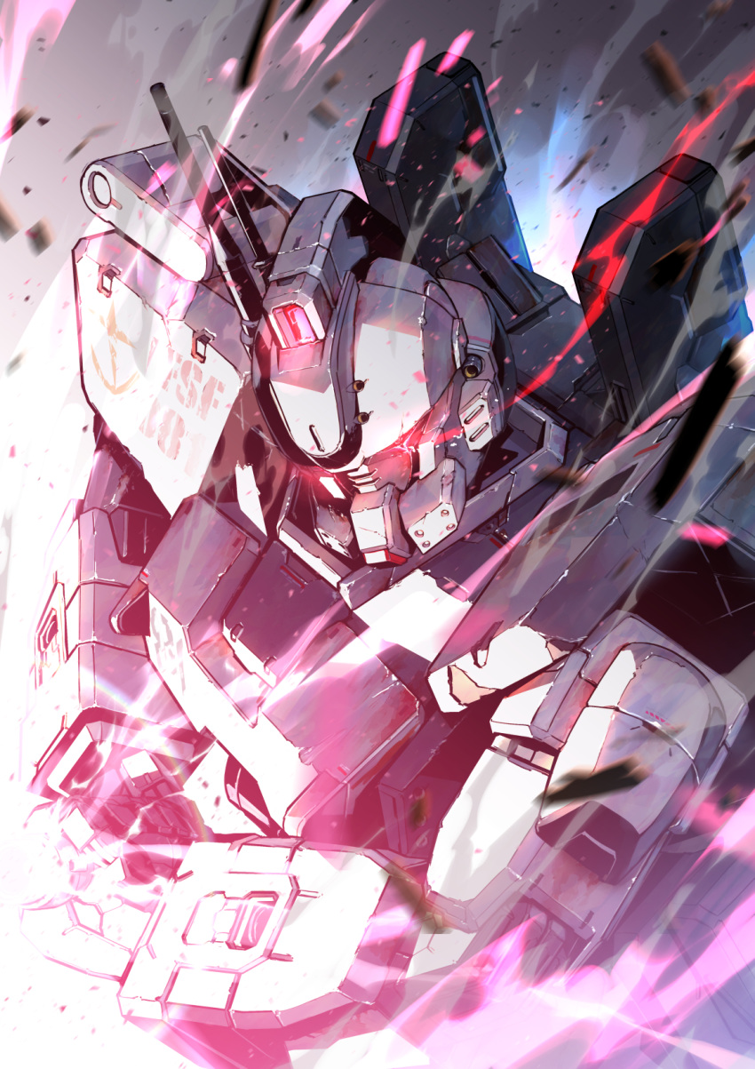 glowing glowing_eyes gundam gundam_08th_ms_team gundam_ez8 highres holding_own_arm kuri_giepi looking_down mecha mobile_suit no_humans radio_antenna red_eyes science_fiction solo