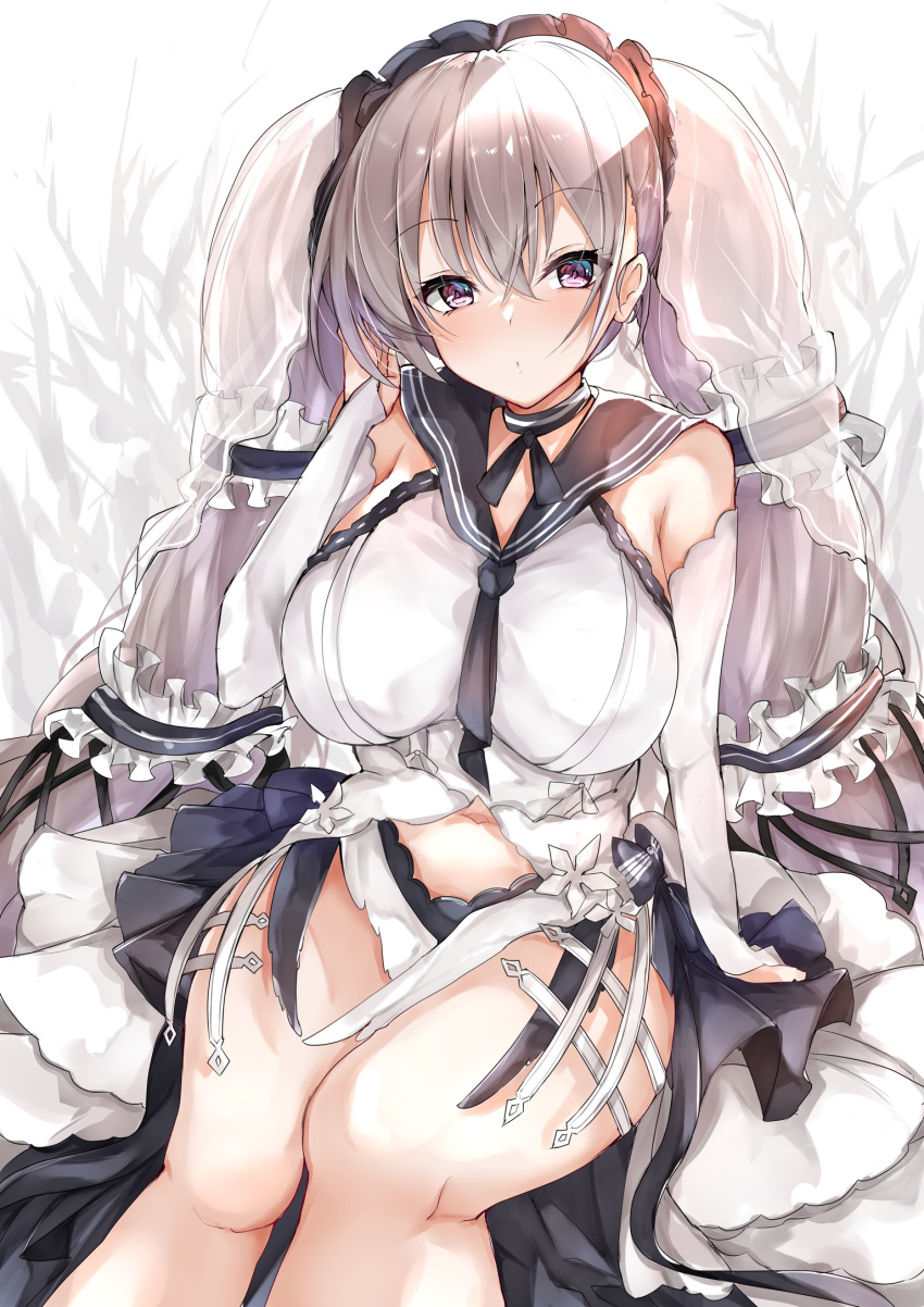 1girl azur_lane bangs blush breasts bridal_gauntlets choker dress eyebrows_visible_through_hair formidable_(azur_lane) formidable_(timeless_classics)_(azur_lane) hair_ornament highres large_breasts long_hair looking_at_viewer mutou_(94753939) navel official_alternate_costume purple_eyes sailor_collar see-through silver_hair sitting sleeveless solo thighs twintails veil white_dress
