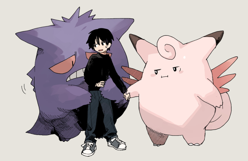 1boy :i bangs black_hair black_shirt blush_stickers clefable commentary_request frown gen_1_pokemon gengar grey_background grey_footwear grey_pants hand_on_another's_hip holding_hand long_sleeves looking_back male_focus newo_(shinra-p) pants pokemon pokemon_(creature) pout sad shirt shoes short_hair simple_background sneakers standing sweatdrop teeth
