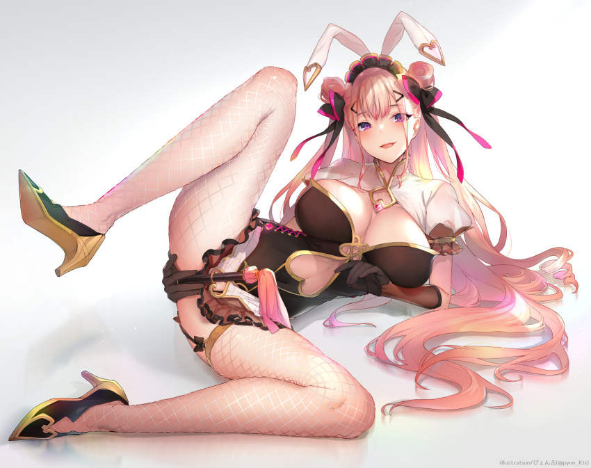 1girl animal_ears bare_shoulders breasts bunny_ears china_dress chinese_clothes cleavage cleavage_cutout clothing_cutout crotch_rub dress elbow_gloves fishnet_legwear fishnets garter_straps gloves hair_ornament hand_on_own_ass high_heels knee_up large_breasts leg_up looking_at_viewer lying naughty_face navel navel_cutout on_side original pink_eyes pink_hair pyon-kichi seductive_smile smile spread_legs toy white_legwear