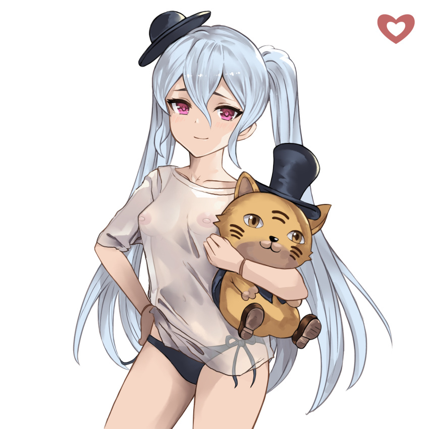 1girl absurdres bangs bikini bikini_bottom black_bikini breasts collarbone contrapposto cowboy_shot doll_joints english_commentary granblue_fantasy hair_between_eyes hand_on_hip hat heart highres iiros joints long_hair looking_at_viewer mini_hat navel nipples orchis purple_eyes see-through side-tie_bikini silver_hair simple_background small_breasts smile standing stuffed_animal stuffed_cat stuffed_toy swimsuit tilted_headwear top_hat twintails very_long_hair white_background