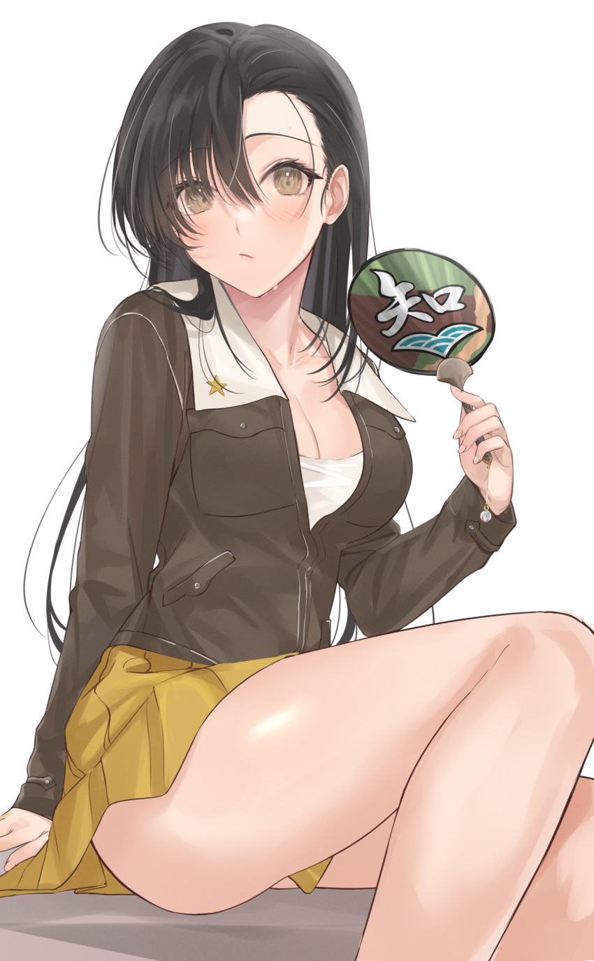 1girl asymmetrical_bangs bangs black_hair blush breasts brown_eyes brown_jacket chi-hatan_(emblem) chi-hatan_military_uniform cleavage collarbone collared_jacket emblem eyebrows_visible_through_hair eyelashes fan frown girls_und_panzer highres hot jacket large_breasts long_hair looking_at_viewer mexifime military military_uniform nishi_kinuyo paper_fan simple_background sitting skirt solo sweat uchiwa uniform white_background yellow_skirt