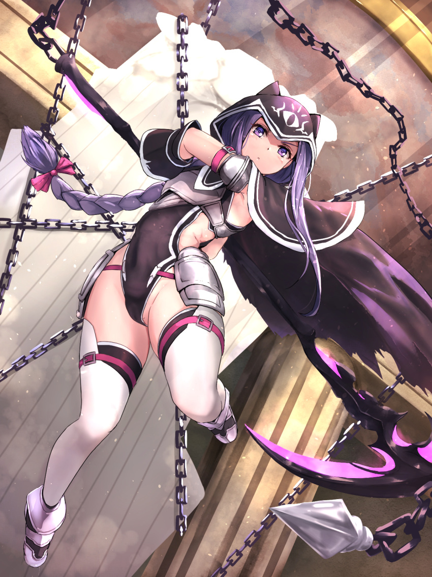 1girl braid butter_curry cape chain cloak covered_navel fate/grand_order fate_(series) harpe highres holding holding_scythe holding_weapon hood hooded_cloak leotard long_braid long_hair looking_at_viewer medusa_(fate) medusa_(lancer)_(fate) purple_eyes purple_hair scythe single_braid solo thighhighs very_long_hair weapon white_legwear