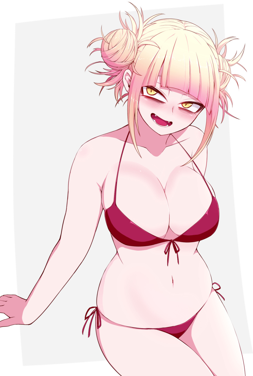 1girl alternate_costume arm_support bangs bikini blonde_hair blunt_bangs blush boku_no_hero_academia breasts cleavage collarbone commentary_request curvy double_bun fangs grey_background halterneck highres invisible_chair large_breasts looking_at_viewer messy_hair navel okumari open_mouth red_bikini side-tie_bikini simple_background sitting skindentation smile solo string_bikini swimsuit toga_himiko yellow_eyes