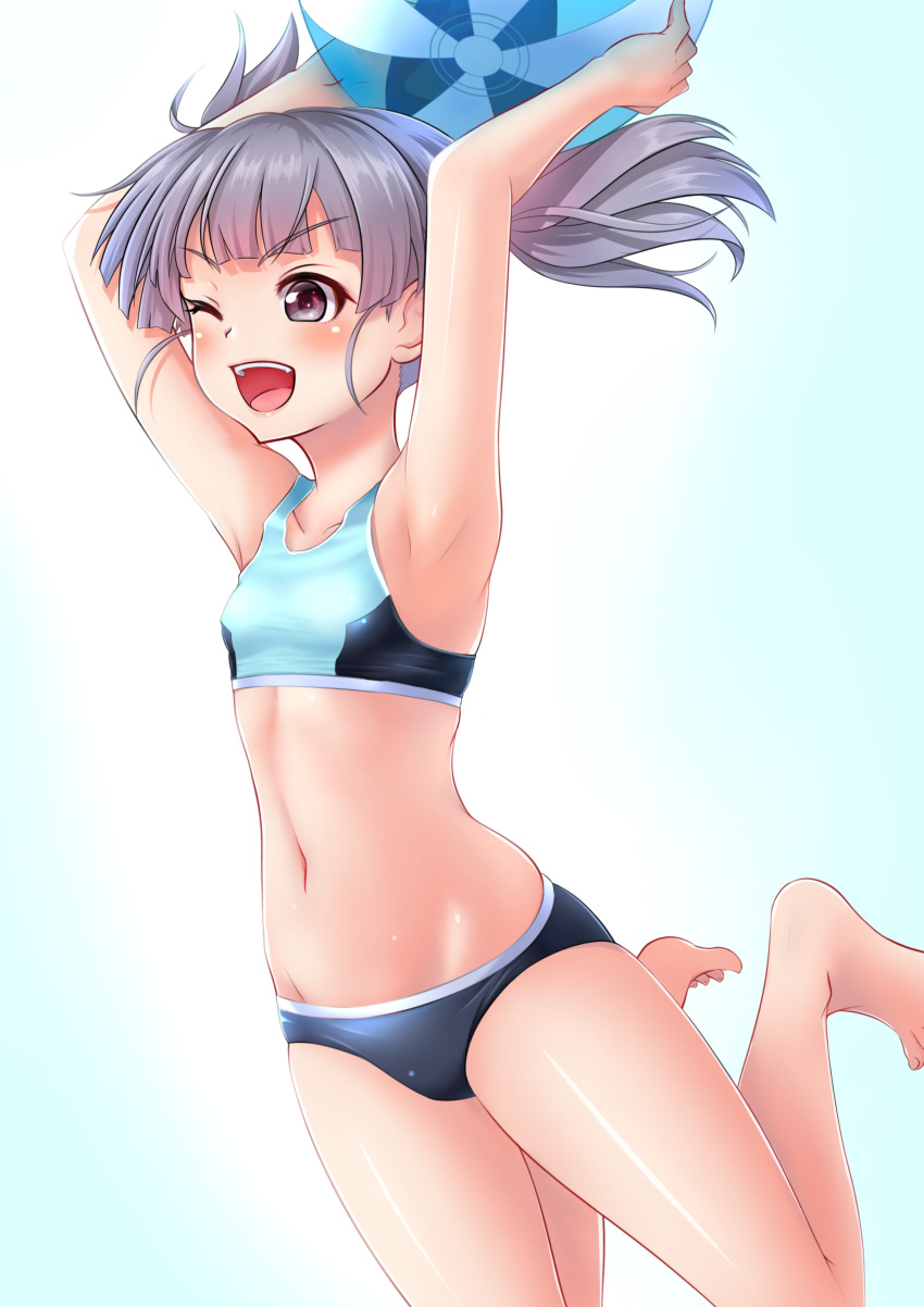 1girl absurdres ball barefoot beachball bikini blue_bikini breasts brown_eyes commentary_request grey_hair highres jumping kantai_collection makura_(user_jpmm5733) one_eye_closed ooshio_(kancolle) short_twintails small_breasts smile solo sports_bikini swimsuit twintails