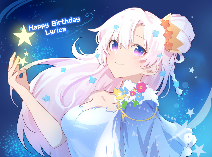 1girl blue_flower braid breasts capelet character_name collarbone crown dress english_commentary flower hair_behind_ear happy_birthday indie_virtual_youtuber kgr leaning_back lyrica_(vtuber) medium_breasts open_hand pink_hair purple_eyes side_bun smile solo star_(symbol) virtual_youtuber white_dress