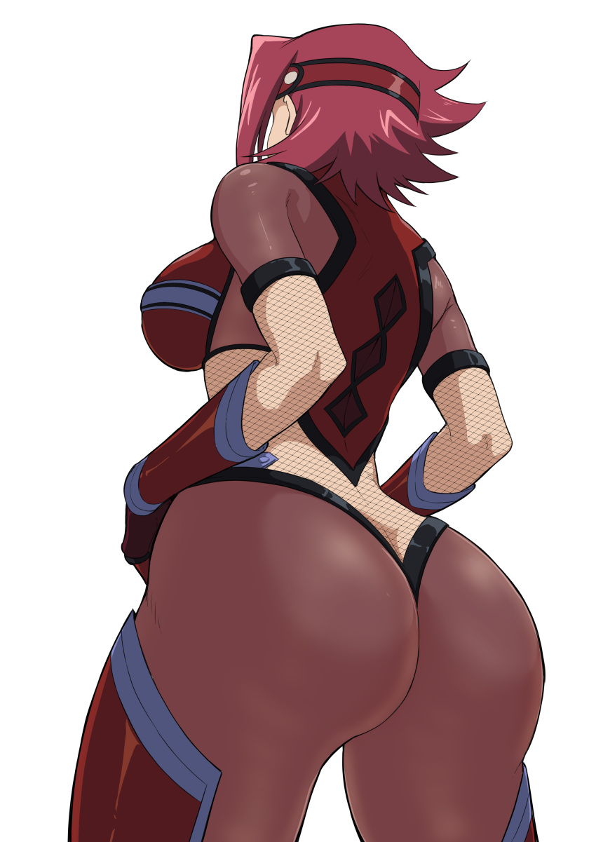 1girl absurdres adapted_costume akfg-uw-178 ass ass_focus bodysuit breasts code_geass fishnet_bodysuit fishnets from_behind from_below from_side gloves headband highres kallen_stadtfeld large_breasts leotard looking_down red_gloves red_hair short_hair sideboob solo taimanin_(series) taimanin_asagi taimanin_suit thighs white_background