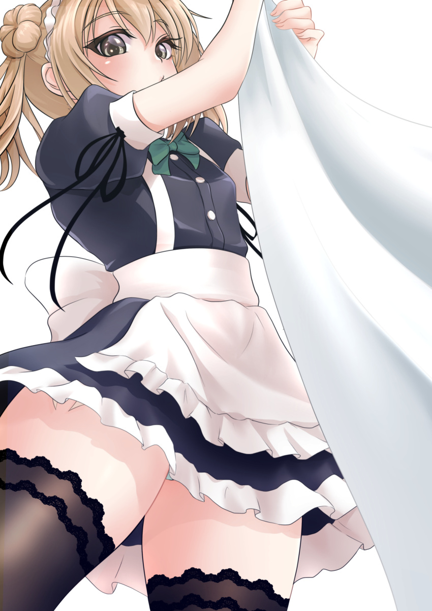 1girl absurdres alternate_costume apron black_dress black_legwear commentary_request dress enmaided green_panties hair_bun highres kantai_collection light_brown_hair maid maid_apron maid_headdress makura_(user_jpmm5733) michishio_(kancolle) panties puffy_sleeves short_dress short_sleeves short_twintails solo thighhighs twintails underwear waist_apron white_apron yellow_eyes