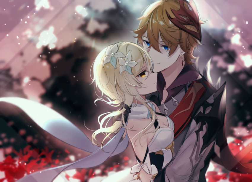 1boy 1girl backless_outfit bare_shoulders blonde_hair blue_eyes breasts capelet cleavage coat collared_jacket dress earrings flower genshin_impact hair_flower hair_ornament highres hug jewelry kuroha1873 light_particles lumine_(genshin_impact) mask mask_on_head orange_hair outdoors petals short_hair single_earring tartaglia_(genshin_impact) white_coat white_dress