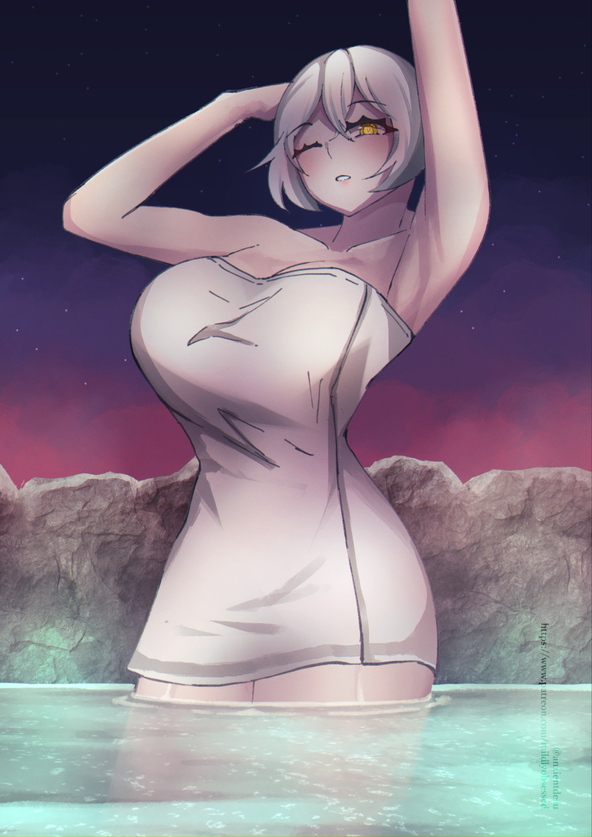 1girl anxient arm_over_head armpits arms_up artist_name blush breasts code_vein collarbone dusk eyebrows_visible_through_hair highres io_(code_vein) large_breasts naked_towel night night_sky one_eye_closed onsen shirt short_hair signature sky solo star_(sky) starry_sky thighs towel water wet white_shirt yellow_eyes