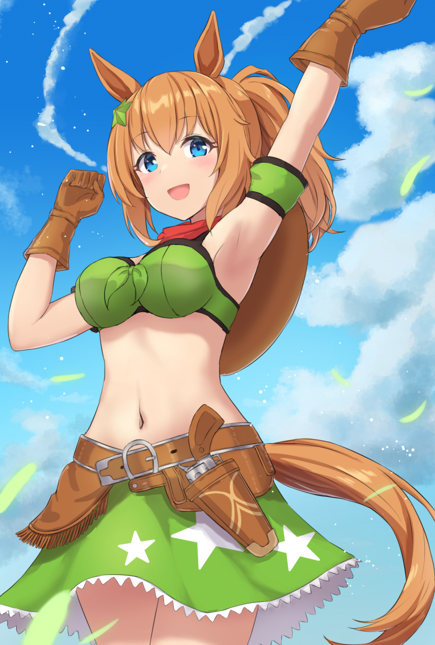 1girl :d animal_ears arm_up armpits bangs bare_shoulders belt belt_buckle blue_eyes blue_sky blush breasts brown_belt brown_gloves brown_hair buckle cloud cloudy_sky commentary cowboy_shot day eyebrows_visible_through_hair fringe_trim gloves green_skirt hair_between_eyes hair_ornament hand_up highres holstered_weapon horse_ears horse_girl horse_tail looking_at_viewer medium_breasts monoku navel open_mouth outdoors print_skirt revolver skirt sky smile solo standing star_(symbol) star_hair_ornament star_print taiki_shuttle_(umamusume) tail umamusume