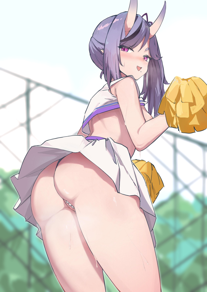 1girl absurdres ambulocetus ass bare_arms bare_shoulders blush cheerleader clothes_lift crop_top from_behind from_below highres hikimayu horns looking_at_viewer microskirt midriff miniskirt mole mole_under_mouth nijisanji no_bra oni oni_horns open_mouth panties pantyshot pearl_thong pleated_skirt pointy_ears pom_poms purple_eyes rindou_mikoto shirt shirt_lift short_eyebrows skin-covered_horns skirt smug solo sweat tank_top thick_eyebrows thighs thong underwear upskirt virtual_youtuber white_shirt white_tank_top yellow_pom_poms
