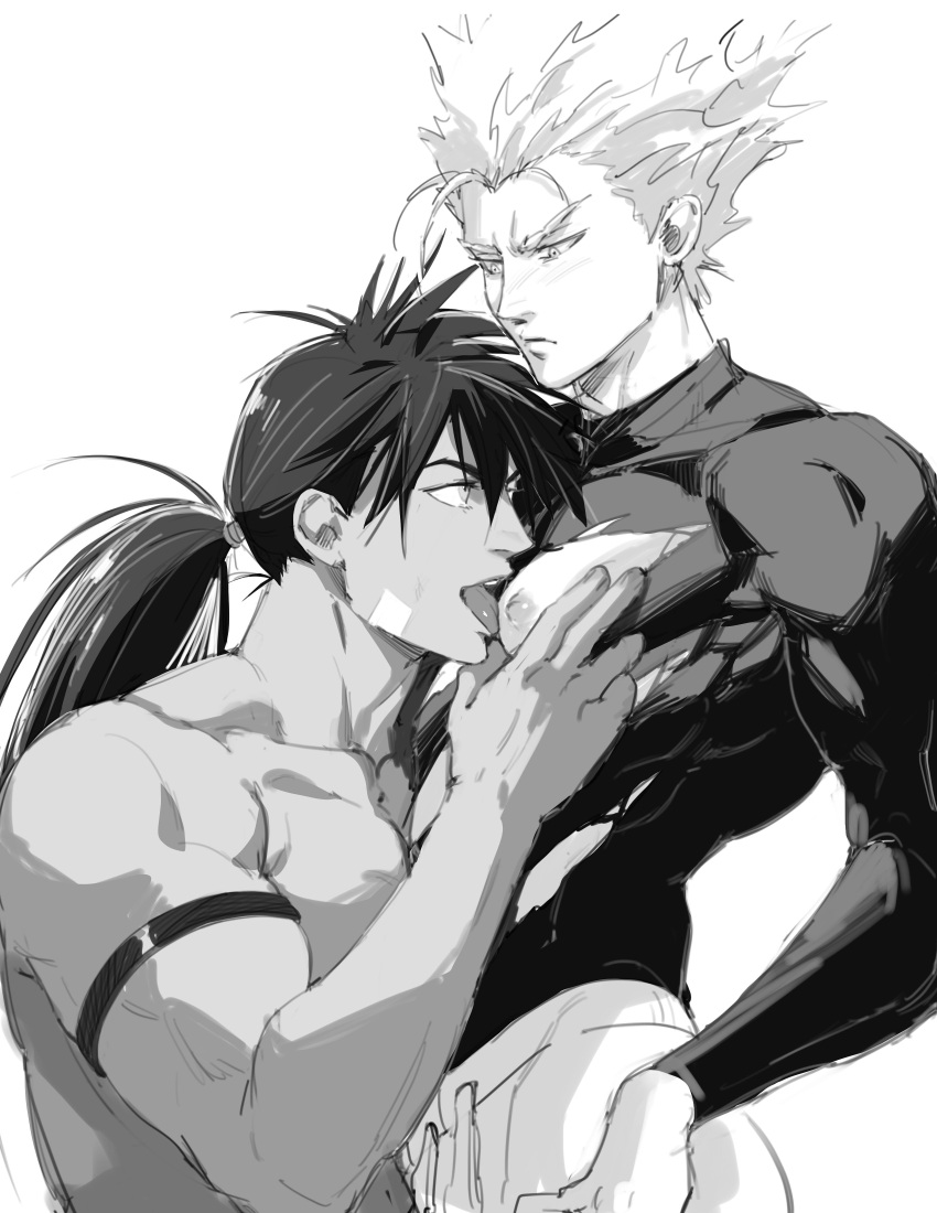 2boys absurdres blush dark-skinned_male dark_skin dudlesnoodles garou_(one-punch_man) grabbing greyscale highres licking long_hair looking_at_another male_focus monochrome multiple_boys muscular muscular_male nipple_licking nipples one-punch_man pectoral_grab pointy_hair ponytail shirtless skin_tight suiryuu_(one-punch_man) tongue tongue_out torn_clothes yaoi