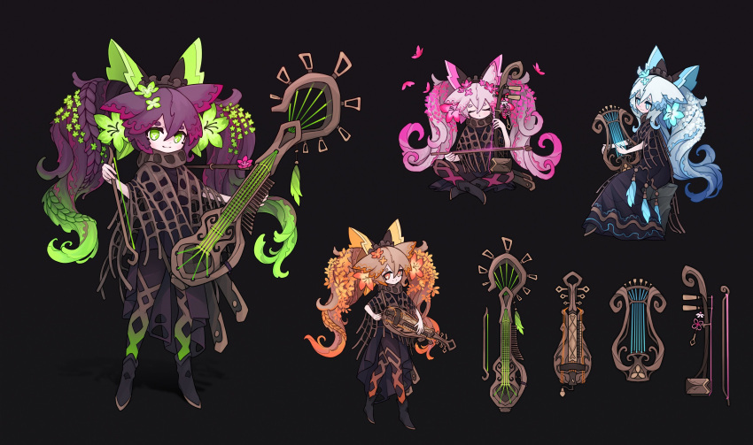 1girl absurdres alexis_pflaum animal_ears bard black_background bow_(instrument) bug butterfly character_sheet closed_eyes english_commentary erhu flower green_eyes hair_flower hair_ornament highres hurdy-gurdy insect instrument light_blue_eyes light_blue_hair long_hair looking_at_viewer lyre nyckelharpa orange_eyes orange_hair original pink_hair poncho purple_hair seasons twintails