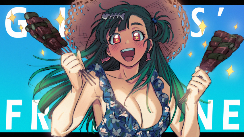 1girl :d bangs blue_background blue_swimsuit blush breasts cleavage commentary copyright_name cretaceum earrings fish_bone fish_earrings food frilled_swimsuit frills g28_(girls_frontline) girls'_frontline green_hair hair_bobbles hair_ornament happy hat highres holding holding_skewer jewelry kebab large_breasts letterboxed long_hair looking_at_viewer mole mole_on_breast official_alternate_costume one_side_up open_mouth red_eyes skewer smile solo sparkle sparkling_eyes straw_hat swimsuit upper_body