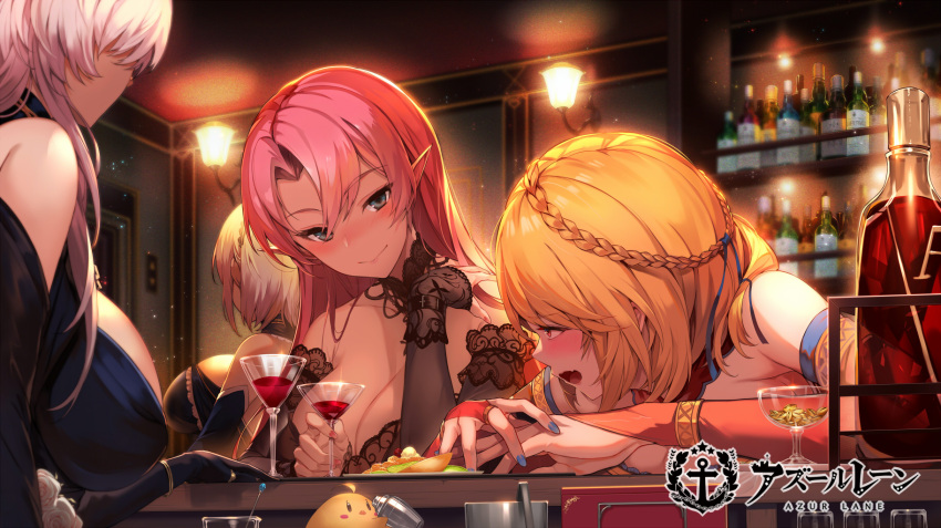 4girls alcohol azur_lane bar bare_shoulders belfast_(azur_lane) belfast_(the_noble_attendant)_(azur_lane) black_dress blonde_hair blue_dress blue_eyes blush braid breasts bridal_gauntlets cleavage cocktail_dress cocktail_glass crown_braid cup detached_sleeves dress drinking_glass drunk duke_of_york_(azur_lane) duke_of_york_(carola_of_the_eternal_night)_(azur_lane) elbow_gloves evening_gown gloves hand_in_hair highres indoors kakage lace-trimmed_sleeves lace_trim large_breasts loading_screen long_hair manjuu_(azur_lane) multiple_girls nail_polish official_alternate_costume official_art open_mouth pointy_ears prince_of_wales_(azur_lane) short_hair sirius_(azur_lane) white_hair