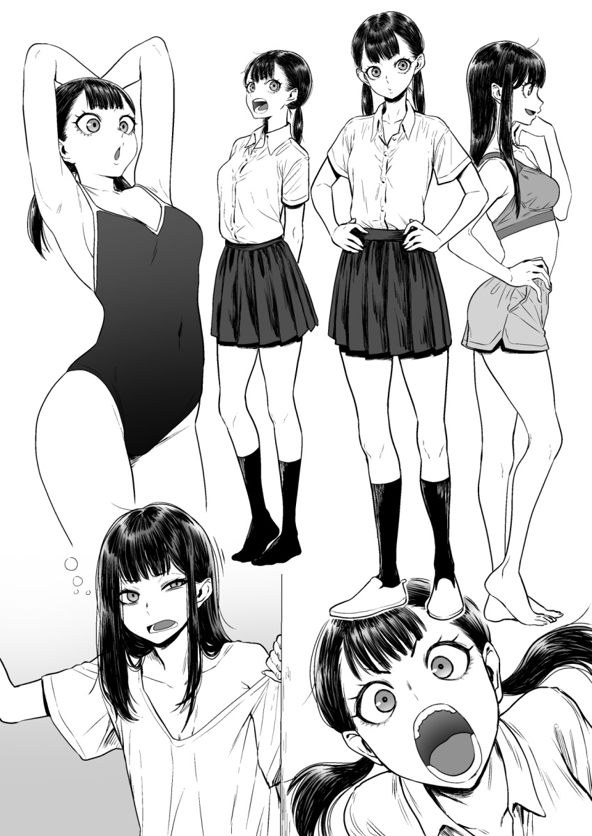 1girl :d armpits arms_behind_head ass bangs bare_shoulders barefoot black_hair bra breasts chestnut_mouth cleavage collarbone competition_school_swimsuit covered_navel dolphin_shorts dress_shirt greyscale hands_on_hips highres kneehighs long_hair looking_at_viewer monochrome multiple_views no_shoes off_shoulder one-piece_swimsuit open_mouth original pleated_skirt school_uniform shirt shoes shorts simple_background single_bare_shoulder skirt smile sports_bra swimsuit t-shirt teeth twintails underwear uwabaki white_background yanagida_fumita