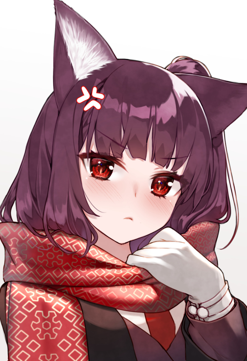 1girl animal_ears bangs blunt_bangs blush closed_mouth enpera eyebrows_visible_through_hair fox_ears girls'_frontline gloves hand_up highres hoshi_usagi looking_at_viewer purple_hair red_eyes red_scarf scarf simple_background solo wa2000_(girls_frontline) white_background