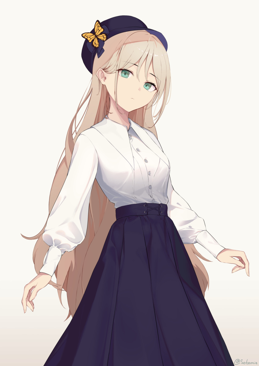 1girl alternate_costume an-94_(girls_frontline) blonde_hair blue_skirt bug butterfly butterfly_hat_ornament buttons closed_mouth collared_shirt commentary english_commentary eyebrows_visible_through_hair girls'_frontline green_eyes hat hat_ornament high-waist_skirt highres insect long_hair long_skirt long_sleeves looking_at_viewer meme_attire pleated_skirt puffy_long_sleeves puffy_sleeves shirt simple_background skirt solo sotomie virgin_killer_outfit white_background white_shirt