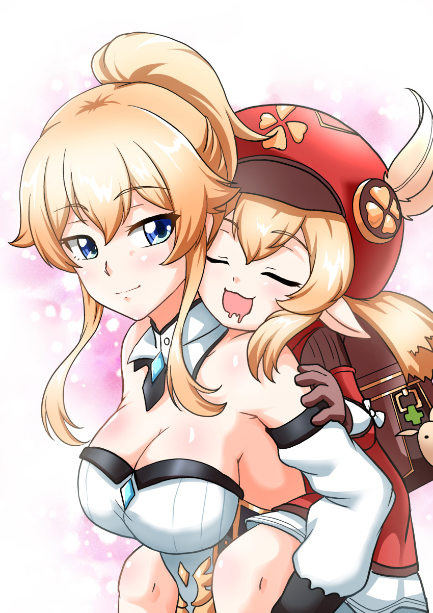2girls :d absurdres ahoge armpits atawatsho backpack bag bangs bare_shoulders blonde_hair blue_eyes breasts brown_gloves cabbie_hat carrying cleavage coat collarbone corset detached_collar dodoco_(genshin_impact) drooling eyebrows_visible_through_hair genshin_impact gloves gradient gradient_background hair_between_eyes hat hat_feather hat_ornament highres jean_gunnhildr klee_(genshin_impact) light_brown_hair long_hair long_sleeves looking_at_another low_twintails multiple_girls off_shoulder open_mouth person_carrying piggyback pointy_ears ponytail randoseru red_coat sidelocks simple_background size_difference sleeping sleeping_on_person smile strapless twintails