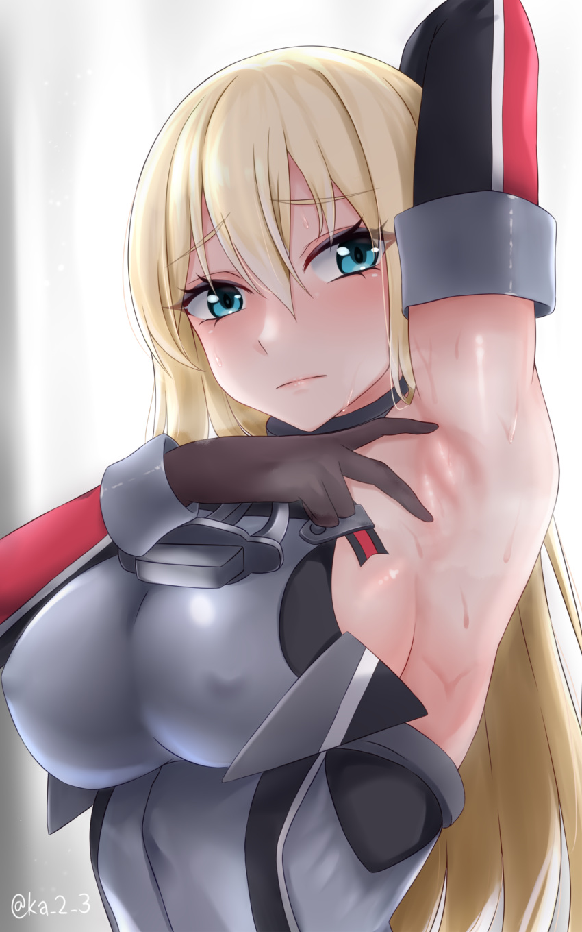 1girl arm_up armpits bismarck_(kancolle) blonde_hair blue_eyes breasts brown_gloves detached_sleeves gloves highres kantai_collection katsumi-kun large_breasts long_hair military military_uniform presenting_armpit sleeveless solo uniform upper_body