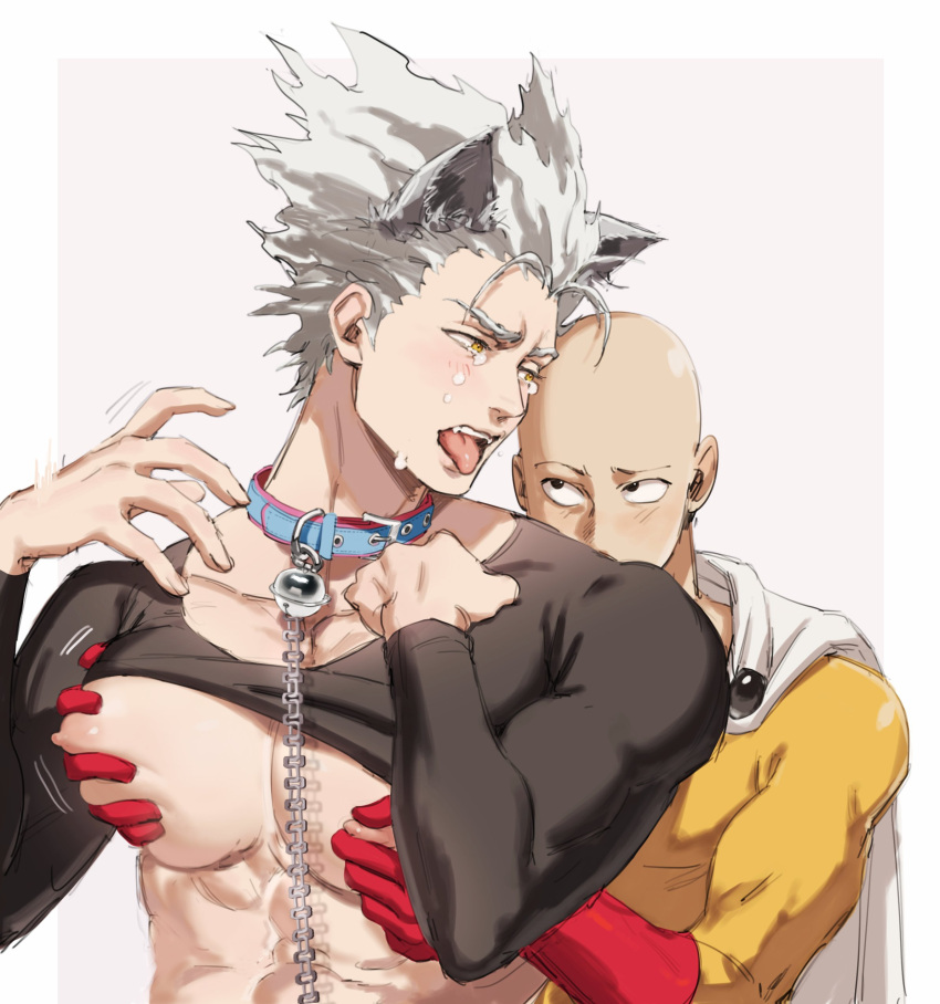 2boys absurdres animal_ears bald bell blush border cape chain clothes_lift collar collarbone crying crying_with_eyes_open dudlesnoodles fang garou_(one-punch_man) gloves grabbing grey_hair highres looking_at_another male_focus multiple_boys muscular muscular_male neck_bell nipple_pull nipples one-punch_man pectoral_grab pectorals pointy_hair red_gloves saitama_(one-punch_man) shirt_lift skin_tight streaming_tears superhero symbol_commentary tears tongue tongue_out upper_body wolf_boy wolf_ears yaoi yellow_eyes