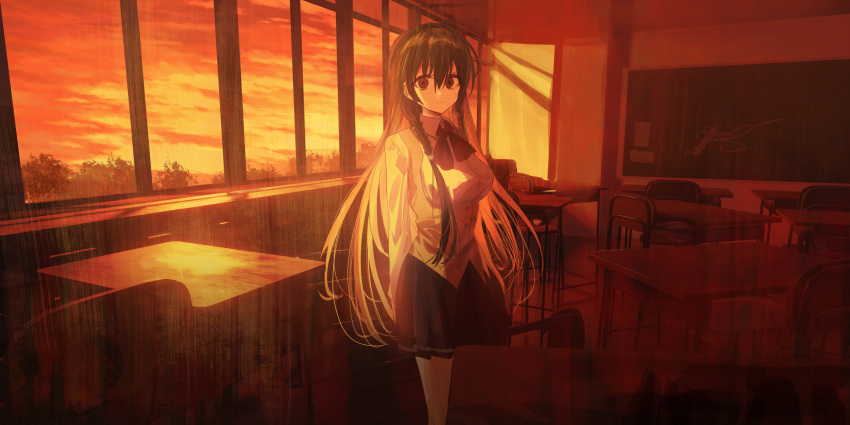 1girl absurdres black_skirt bow braid breasts brown_eyes brown_hair brown_vest chair chihuri closed_mouth collared_shirt commentary desk highres indoors long_hair long_sleeves looking_at_viewer medium_breasts pleated_skirt red_bow sayonara_wo_oshiete school_chair school_desk school_uniform shirt skirt smile solo standing sugamo_mutsuki sunset twin_braids very_long_hair vest white_shirt window