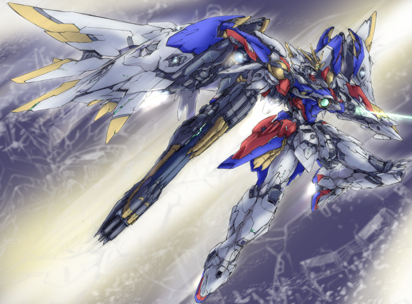 beam_rifle beam_saber eiji_(tfkn2723) energy_gun flying green_eyes gun gundam gundam_wing highres holding holding_gun holding_shield holding_sword holding_weapon mecha mechanical_wings mobile_suit no_humans science_fiction shield solo sword v-fin weapon wing_gundam_zero wings