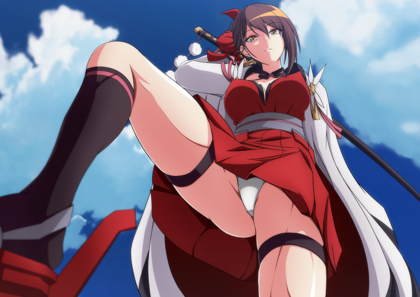 1girl azur_lane bangs bare_shoulders black_legwear blue_sky breasts brown_hair carrying_over_shoulder cleavage closed_mouth cloud commentary cowboy_shot criss-cross_halter day dress eyebrows_visible_through_hair eyeliner groin hair_between_eyes hair_ornament halterneck high_ponytail highres holding holding_sword holding_weapon japanese_clothes kanzashi katana kimono kneehighs large_breasts leg_up long_hair long_sleeves looking_at_viewer makeup makiri_akira open_clothes open_kimono panties pleated_dress ponytail red_dress rudder_footwear sheath sheathed sidelocks skindentation sky sleeveless sleeveless_dress solo standing sword thigh_strap underwear very_long_hair weapon white_kimono white_panties wide_sleeves yellow_eyes zuikaku_(azur_lane)