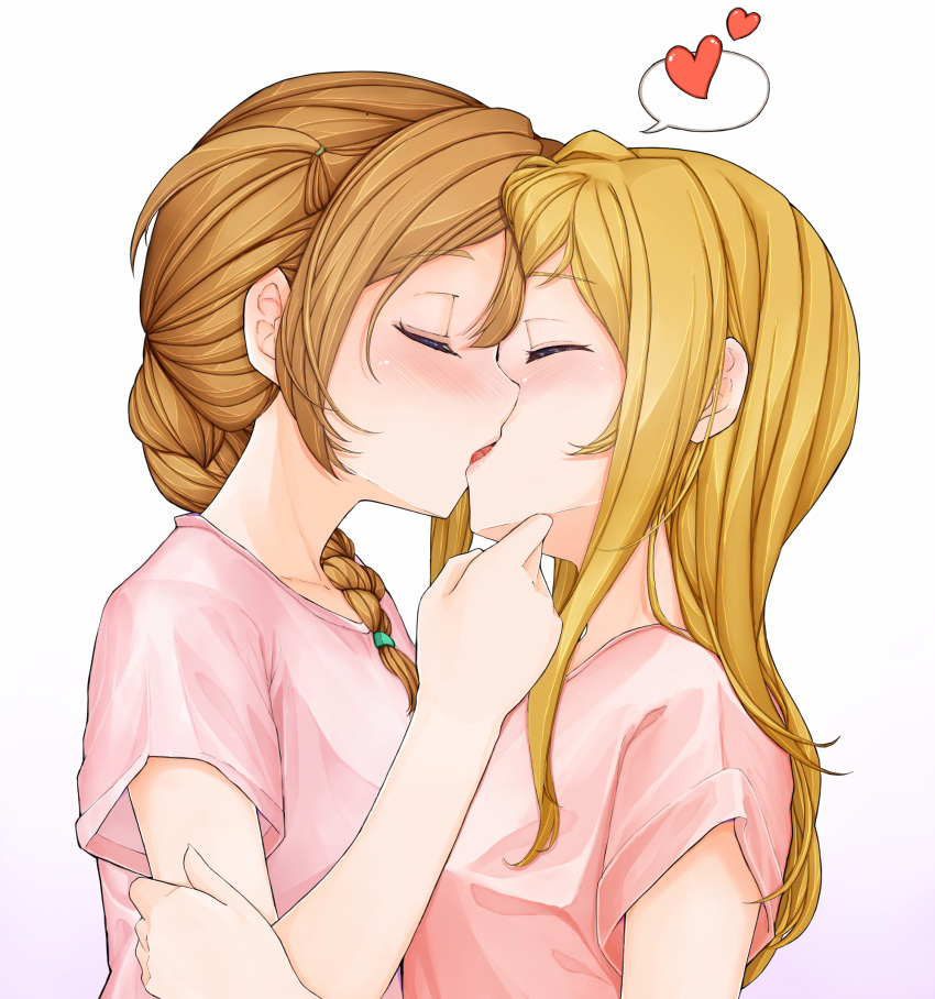 2girls baba_konomi bangs blonde_hair blush braid braided_ponytail breasts brown_hair closed_eyes couple d-tomoyo dress embarrassed eyebrows_visible_through_hair french_kiss from_side hair_between_eyes hair_over_shoulder hairband hand_on_another's_arm hand_on_another's_chin heart highres hug idolmaster idolmaster_million_live! idolmaster_million_live!_theater_days kiss long_hair medium_breasts medium_hair momose_rio multiple_girls pink_shirt shirt short_sleeves simple_background single_braid spoken_heart upper_body white_background yuri