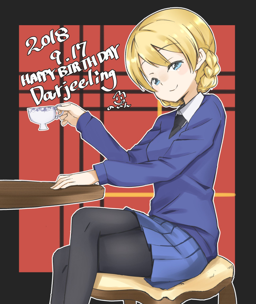 1girl artist_name bangs black_legwear black_neckwear blonde_hair blue_eyes blue_skirt blue_sweater braid chair character_name closed_mouth crossed_legs cup darjeeling_(girls_und_panzer) dated dress_shirt english_text eyebrows_visible_through_hair girls_und_panzer half-closed_eyes happy_birthday highres holding holding_cup long_sleeves looking_at_viewer miniskirt necktie outline pantyhose plaid plaid_background pleated_skirt school_uniform shirt short_hair signature sitting skirt smile solo st._gloriana's_school_uniform sweater table teacup tied_hair toon_(noin) twin_braids v-neck white_outline white_shirt wing_collar