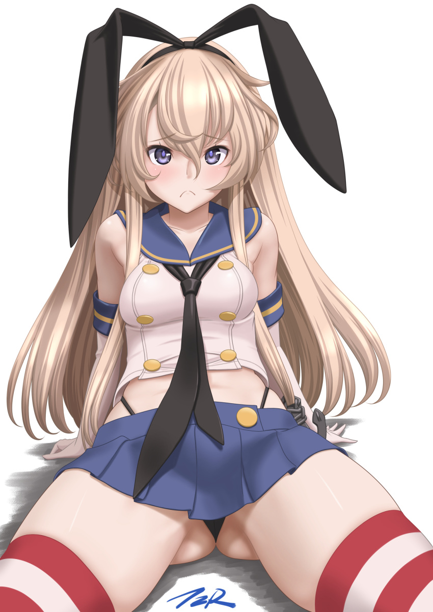 1girl anchor_hair_ornament ass_visible_through_thighs black_hairband black_panties blonde_hair blue_sailor_collar blue_skirt commentary_request cowboy_shot crop_top elbow_gloves gloves grey_eyes hair_ornament hairband highleg highleg_panties highres kantai_collection long_hair looking_at_viewer microskirt miniskirt panties pleated_skirt sailor_collar shimakaze_(kancolle) simple_background sitting skirt solo striped striped_legwear t2r thighhighs underwear white_background white_gloves