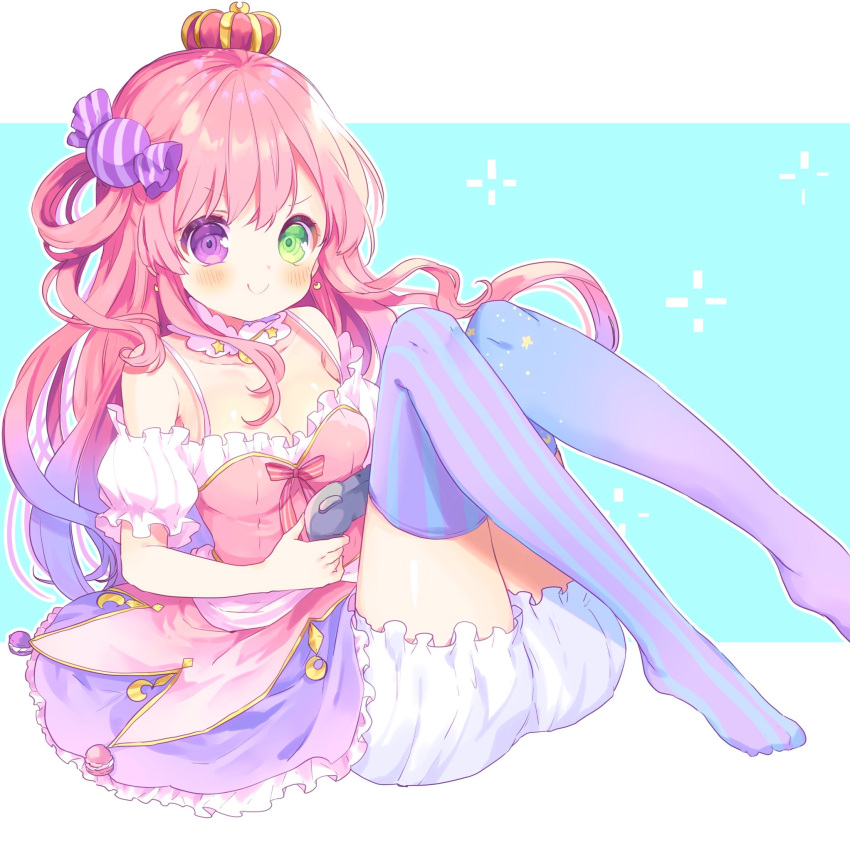 &gt;:) 1girl bloomers breasts candy_hair_ornament cleavage controller crescent crescent_earrings crown detached_sleeves dress earrings food-themed_hair_ornament game_controller gradient_hair green_eyes hair_ornament heterochromia highres himemori_luna hololive jewelry kosuzume medium_breasts mini_crown mismatched_legwear multicolored_hair one_side_up pink_dress pink_hair puffy_short_sleeves puffy_sleeves purple_eyes purple_hair short_sleeves smile solo striped striped_legwear thighhighs underwear v-shaped_eyebrows virtual_youtuber