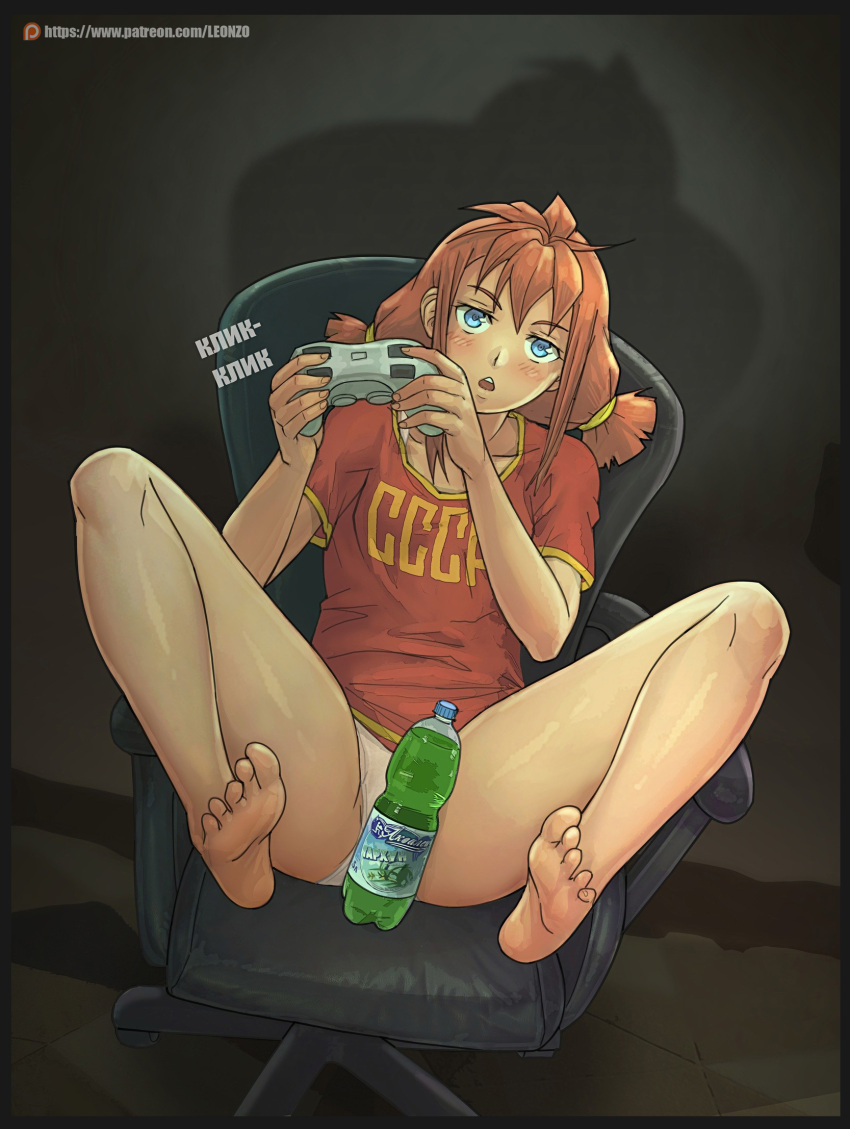 1girl :o bad_perspective bangs bare_legs barefoot blue_eyes blush bottle brown_hair chair clothes_writing commentary controller everlasting_summer highres holding holding_controller leonzo long_hair no_pants office_chair open_mouth panties pantyshot red_shirt shirt short_sleeves sitting solo spread_legs t-shirt twintails underwear upper_teeth ussr-tan white_panties