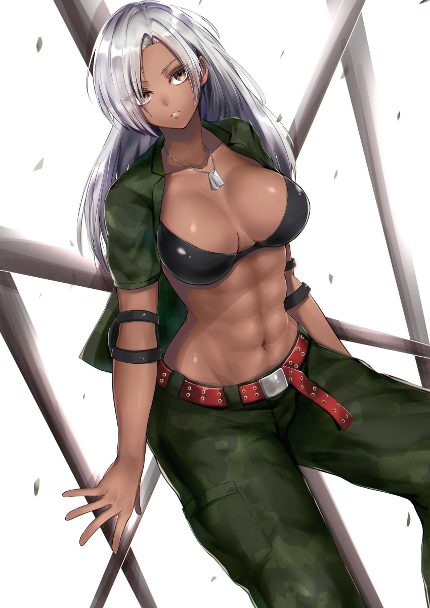 1girl abs absurdres against_fence belt bikini bikini_top black_bikini breasts brown_eyes cleavage commentary_request dark_skin day dog_tags elbow_pads fence forehead green_pants green_shirt highres long_hair looking_at_viewer military military_uniform muscular muscular_female navel open_clothes open_shirt pants red_belt shirt silver_hair simple_background solo standing studded_belt swimsuit uniform vanessa_lewis very_dark_skin virtua_fighter virtua_fighter_5 virtua_fighter_5:_final_showdown yakan_(mihag3000)